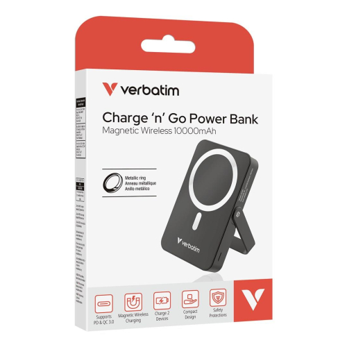 Verbatim Charge 'n' Go Magnetic Wireless Litowo-polimerowy (LiPo) 10000 mAh Bezprzewodowe ładowanie Czarny-23672900
