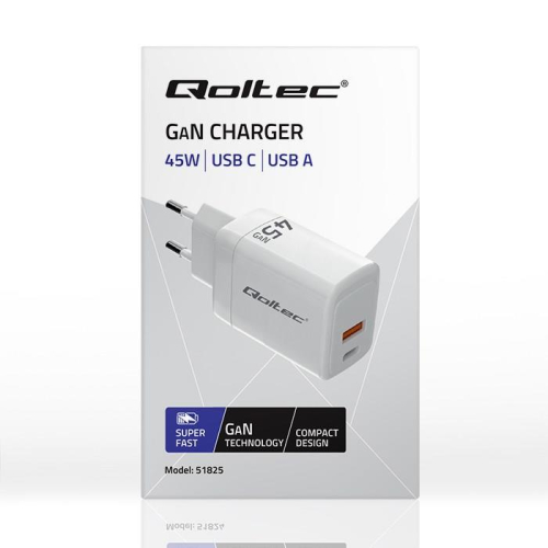 QOLTEC ŁADOWARKA 45W GAN | 5-20V | 1.5-3A | 1XUSB-C PD | 1XUSB QC 3.0 | BIAŁA-23673121