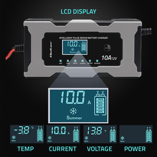 QOLTEC ŁADOWARKA 12V 10A | PROSTOWNIK Z FUNKCJĄ NAPRAWY DO AKUMULATORA AGM GEL LIFEPO4 | LCD-23705499