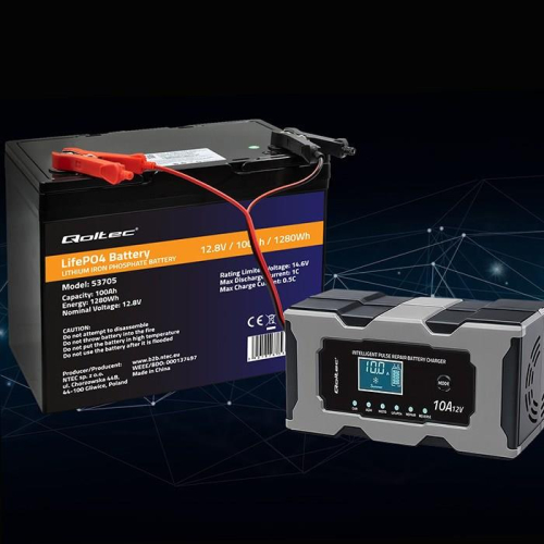 QOLTEC ŁADOWARKA 12V 10A | PROSTOWNIK Z FUNKCJĄ NAPRAWY DO AKUMULATORA AGM GEL LIFEPO4 | LCD-23705500