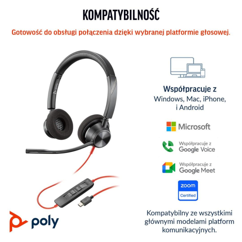 POLY Zestaw słuchawkowy Blackwire 3320 Stereo USB-C z certyfikatem Microsoft Teams + przejściówka USB-C/A-23718175