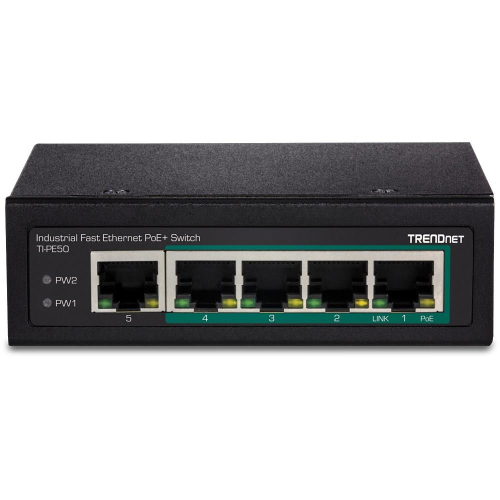 Switch TRENDnet TI-PE50 - niezarządzalny - 4 x 10/100 (PoE+) + 1 x 10/100 - możliwość montażu na szynie DIN, monta
