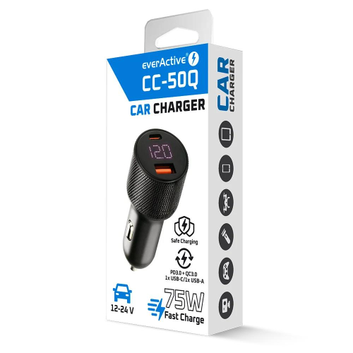 EVERACTIVE ŁADOWARKA SAMOCHODOWA 1X USB QC3.0, 1 X USB-C PD 75W CZARNA CC-50Q-24000673