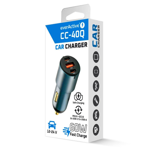 EVERACTIVE ŁADOWARKA SAMOCHODOWA 1 X USB QC3.0, 2X USB-C PD 60W CZARNA CC-40Q-24000680