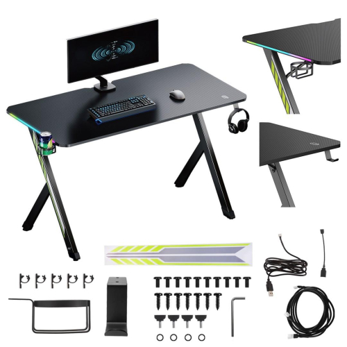 Biurko gamingowe NanoRS RS102 91081 czarne (z uchwytem na słuchawki i kubek, podświetlenie RGB, max. 75kg, 1200x600x750mm)