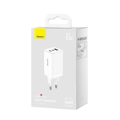 Szybka ładowarka sieciowa GaN 2xUSB C 1xUSB 65W Baseus GaN5 Pro + kabel USB C - USB C 100W - biała-24051843