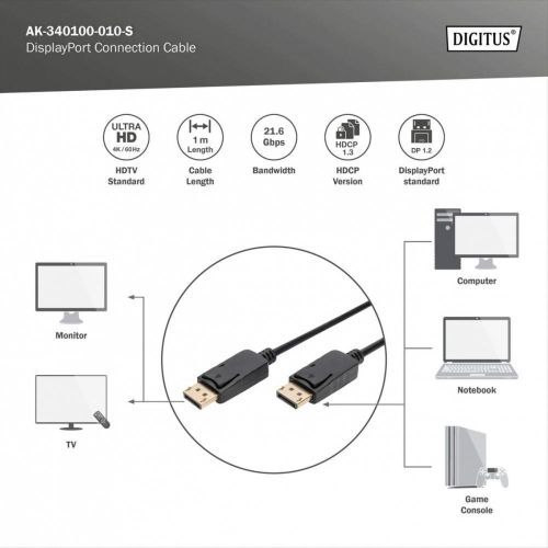 Kabel połączeniowy DisplayPort z zatrzaskami 4K 60Hz UHD Typ DP/DP M/M czarny 1m-24083027