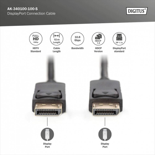 Kabel połączeniowy DisplayPort z zatrzaskami 1080p 60Hz FHD Typ DP/DP M/M 10m Czarny-24083034