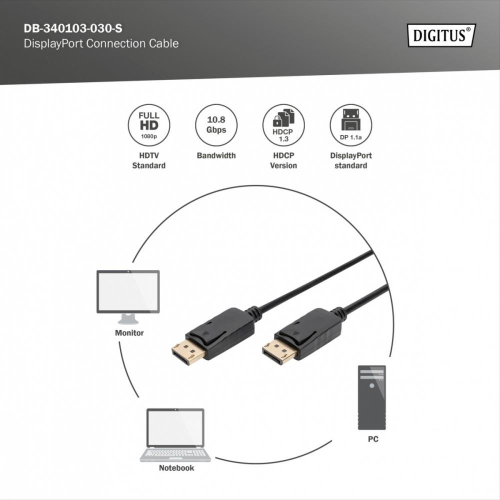 Kabel połączeniowy DisplayPort z zatrzaskami 1080p 60Hz FHD Typ DP/DP M/M czarny 3m-24083198