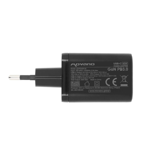 Ładowarka Movano GaN 45W USB-C PD + USB-A (black)-24145619