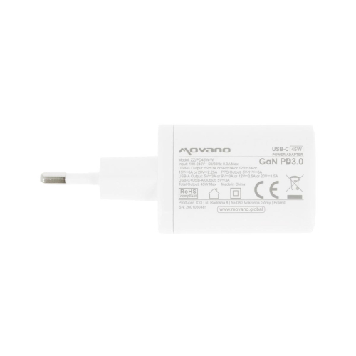 Ładowarka Movano GaN 45W USB-C PD + USB-A (white)-24145626