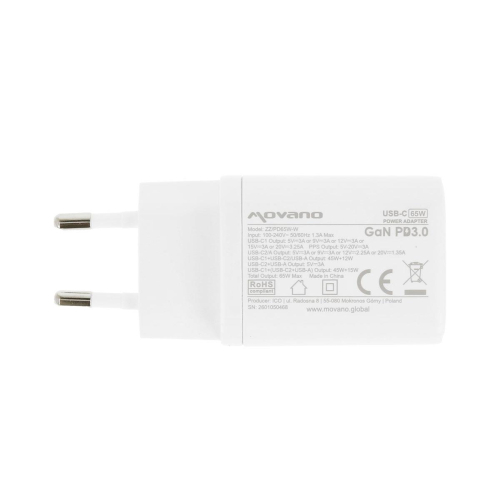 Ładowarka Movano GaN 65W 2x USB-C PD + USB-A (white)-24145648