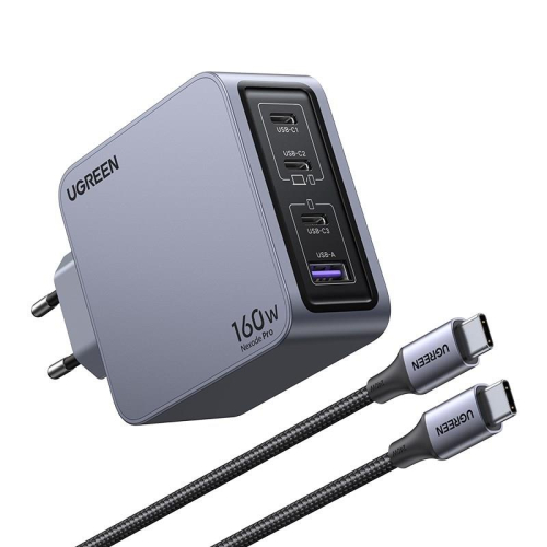 Ugreen Nexode Pro 160W GaN Charger with USB-C Cable Uniwersalne Czarny, Szary Prąd przemienny Szybkie ładowanie Wewnę