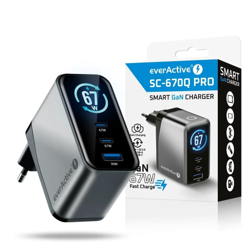EVERACTIVE ŁADOWARKA SIECIOWA GAN 1 X USB, 2 X USB-C QUICK CHARGE 4+ 67W CZARNA SC-670Q-24172293