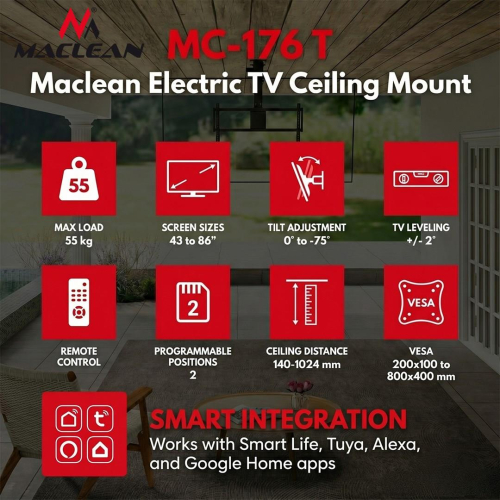 MACLEAN UCHWYT ELEKTRYCZNY DO TV, SUFITOWY, OBSŁUGA TUYA, MAX. VESA 800X400, DLA TV 43-86
