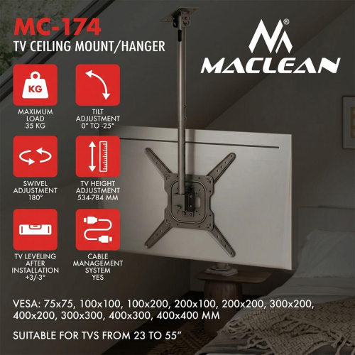 MACLEAN UCHWYT / WIESZAK SUFITOWY DLA TV, MAX. OBCIĄŻENIE 35KG, 23-55