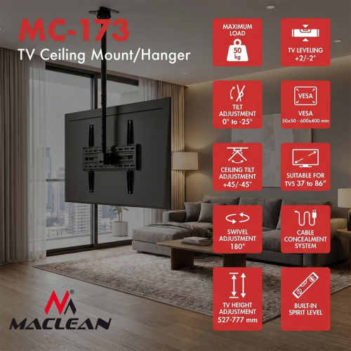 MACLEAN UCHWYT / WIESZAK SUFITOWY DLA TV, MAX. OBCIĄŻENIE 50KG, 37-86