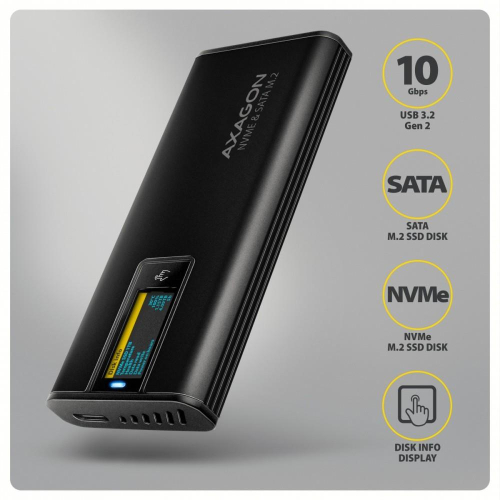 EEM2-SD2B Obudowa zewnętrzna aluminiowa bezśrubowa USB-A/C 3.2 Gen2 M.2 NVMe/SATA wyświetlacz LED, czarny-24526628