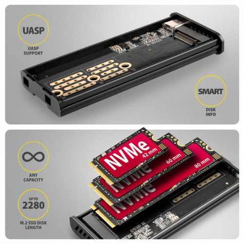 EEM2-SD2B Obudowa zewnętrzna aluminiowa bezśrubowa USB-A/C 3.2 Gen2 M.2 NVMe/SATA wyświetlacz LED, czarny-24526635