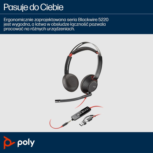 Poly Blackwire 5220 Stereo USB-C Headset +3.5mm Plug +USB-C/A Adapter-24679862