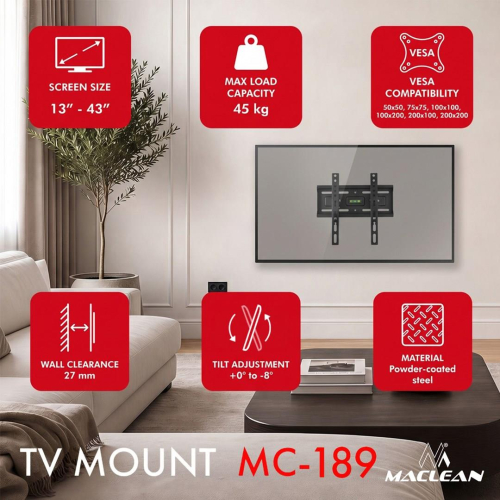 MACLEAN UCHWYT WIESZAK DO TV 13-43'' UCHWYT / WIESZAK DO TV MACLEAN, MAX VESA 200X200, 13-43