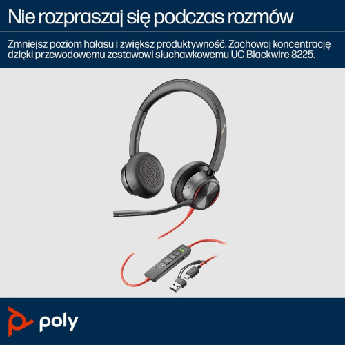 Zestaw słuchawkowy POLY Blackwire 8225 Stereo 8X225AA USB-C z certyfikatem Microsoft Teams + przejściówka USB-C/A-250