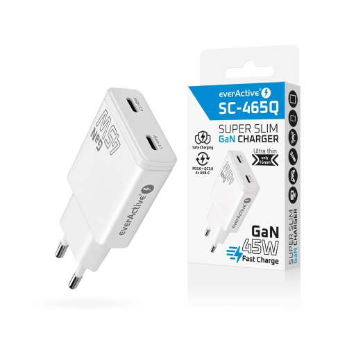 EVERACTIVE ŁADOWARKA SIECIOWA GAN SUPER SLIM 2X USB-C PD 45W BIAŁA SC-465Q-25158428
