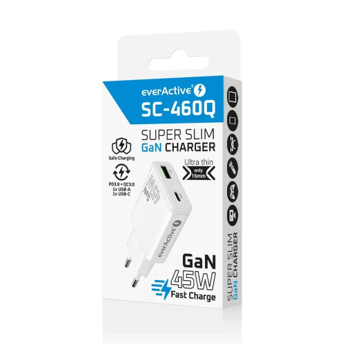 EVERACTIVE ŁADOWARKA SIECIOWA GAN 1 X USB, 1 X USB-C QUICK CHARGE 3.0 45W BIAŁA SC-460Q-25158440