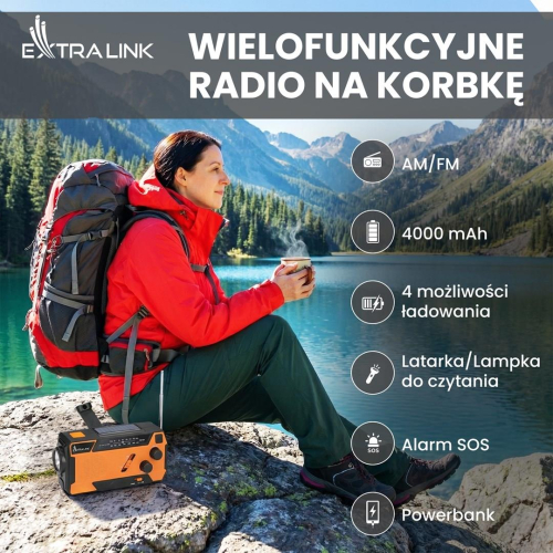 Extralink EX.93746 RADIO AWARYJNE SOLARNE Z KORBKA DYNAMO POWERBANK 4000MAH Z LATARKA SOS SR-4000 Przenośny Analogowy-2