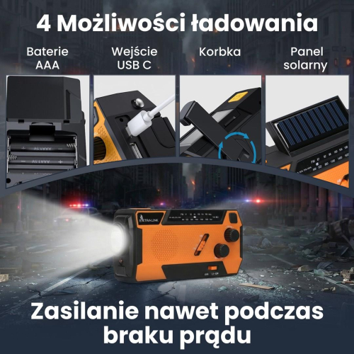 Extralink EX.93746 RADIO AWARYJNE SOLARNE Z KORBKA DYNAMO POWERBANK 4000MAH Z LATARKA SOS SR-4000 Przenośny Analogowy-2
