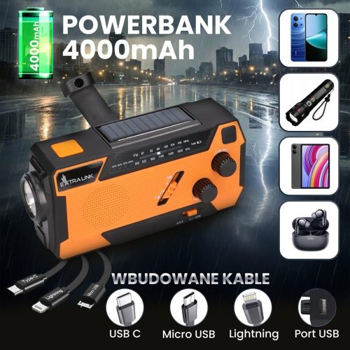 Extralink EX.93746 RADIO AWARYJNE SOLARNE Z KORBKA DYNAMO POWERBANK 4000MAH Z LATARKA SOS SR-4000 Przenośny Analogowy-2