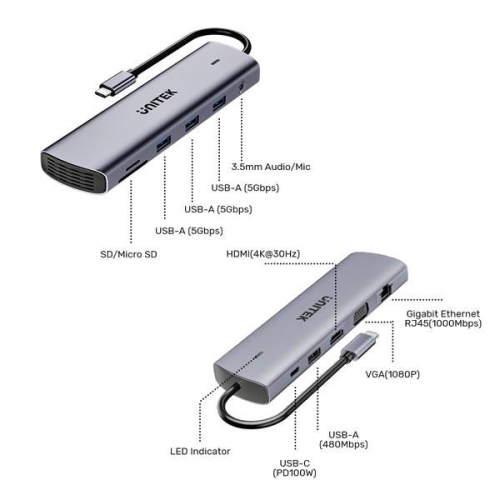 UNITEK D1113BGY01 huby i koncentratory 2 x USB 3.2 Gen 2 (3.1 Gen 2) Type-C 1000 Mbit/s Szary-25173914