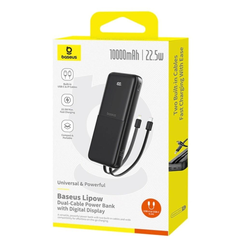 Powerbank Baseus Lipow 10000mAh 22.5W z podwójnym wbudowanym kablem z wyświetlaczem (z dodatkowym czarnym kablem Baseu
