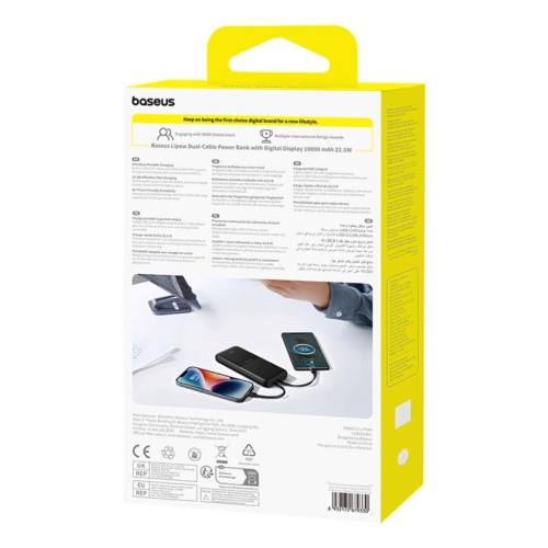 Powerbank Baseus Lipow 10000mAh 22.5W z podwójnym wbudowanym kablem z wyświetlaczem (z dodatkowym czarnym kablem Baseu