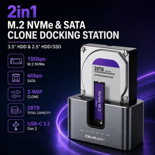 Qoltec 52631 Stacja dokująca HDD SSD | SATA | M.2 NVMe | Klonowanie | USB-C | 10Gb/s | 28TB-25382487