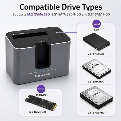 Qoltec 52631 Stacja dokująca HDD SSD | SATA | M.2 NVMe | Klonowanie | USB-C | 10Gb/s | 28TB-25382488
