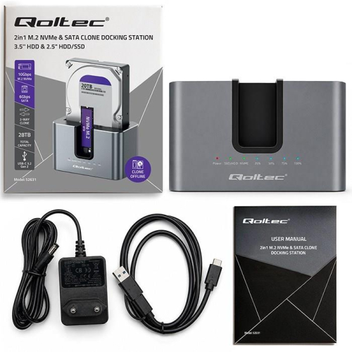Qoltec 52631 Stacja dokująca HDD SSD | SATA | M.2 NVMe | Klonowanie | USB-C | 10Gb/s | 28TB-25382496