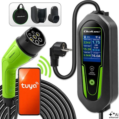 Qoltec Ładowarka do samochodu elektrycznego EV i hybryd z regulacją 2w1 Typ2 | 3.5kW | 230V | SCHUKO 16A | Wi-Fi | Tuya | Smart life | LCD | 5m