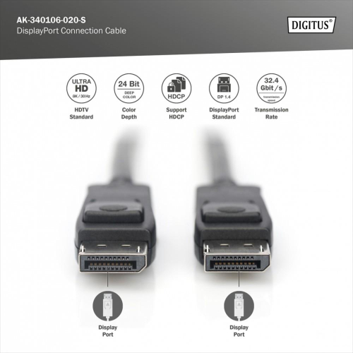 Kabel połączeniowy DisplayPort z zatrzaskami 8K 30Hz UHD Typ DP/DP M/M czarny 2m-25482748