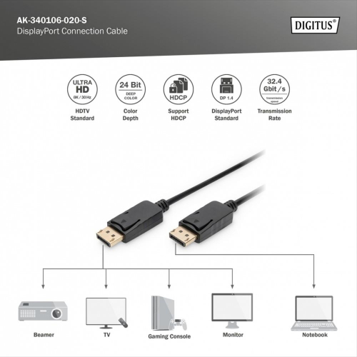Kabel połączeniowy DisplayPort z zatrzaskami 8K 30Hz UHD Typ DP/DP M/M czarny 2m-25482749