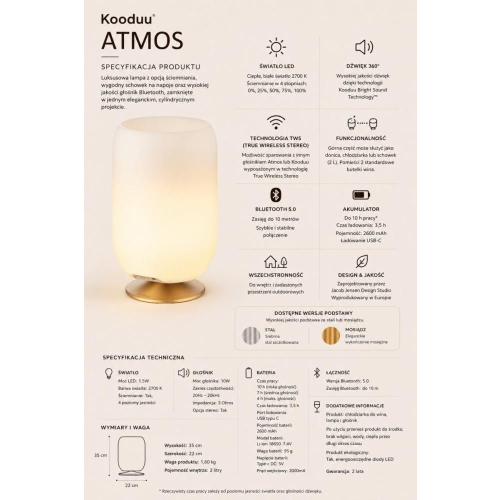 Lampa LED z głośnikiem i coolerem na napoje Atmos golden-25491816