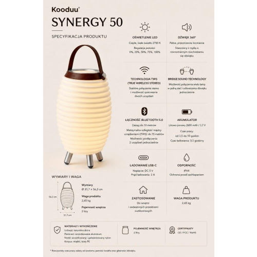 Lampa LED z głośnikiem i coolerem na napoje Synergy 50 biała-25491844