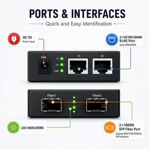 Dwukierunkowy media konwerter SWITCH Ethernet 2xRJ45 2xSFP | 1000Mb/s | 5V-25493169