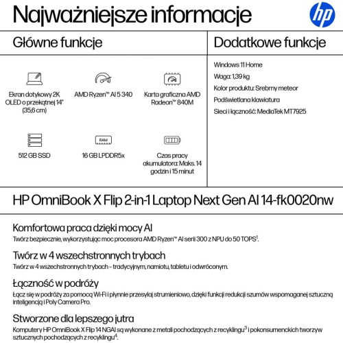 HP OmniBook X Flip 2in1 14-fk0020nw Ryzen AI 5 340 14