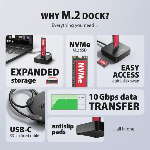 Axagon ADSA-M2C11L stacja dokująca do dysków twardych USB 3.2 Gen 2 (3.1 Gen 2) Type-C Czarny-25577517