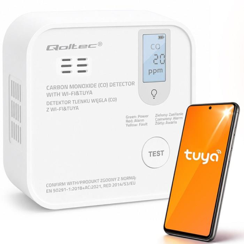 Qoltec Certyfikowany bezprzewodowy Czujnik tlenku węgla (czadu) z baterią | detektor CO | TUYA | Wi-fi | żywotność sensora 10 lat | alarm 85dB | LED