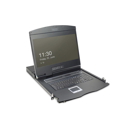 Digitus Konsola modułowa z monitorem TFT o przekątnej 19” (48,3 cm), 16-portowym przełącznikiem KVM Cat. 5 & touchpadem, klawiatura niemiecka