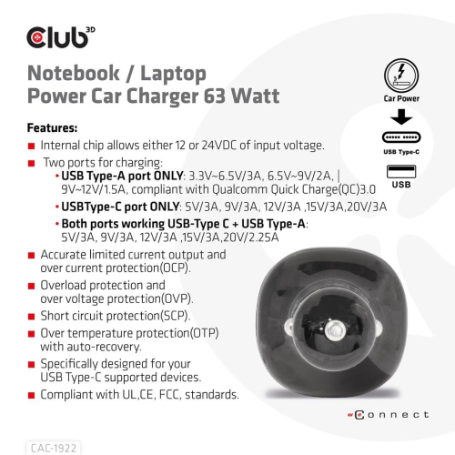 CLUB3D CAC-1922 ładowarka do urządzeń przenośnych Laptop Czarny Zapalniczka Automatyczna-25675529