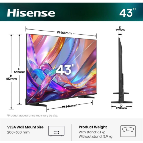 Hisense TV | 43E7S | 43 | Smart TV | VIDAA Smart OS | UHD | Black-25692761