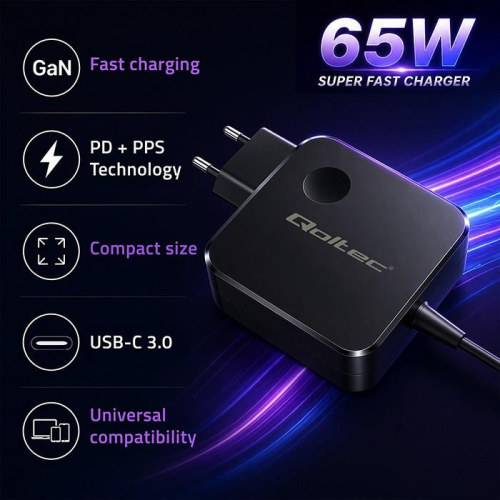 QOLTEC ŁADOWARKA SIECIOWA GAN 65W | USB-C PD PPS | 5-21V | 3-3.25A-25735967